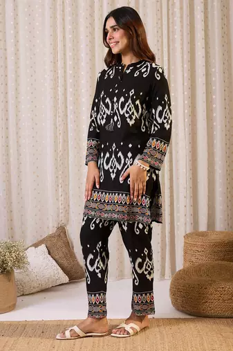 Black embroidered viscose rayon kurta trouser set