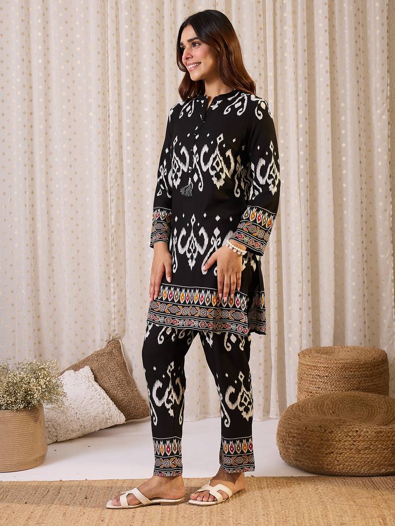 Black embroidered viscose rayon kurta trouser set