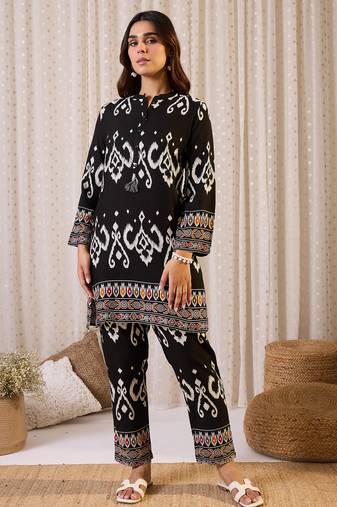 Black embroidered viscose rayon kurta trouser set