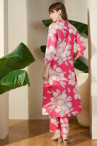 Pink printed viscose rayon kurta trouser set