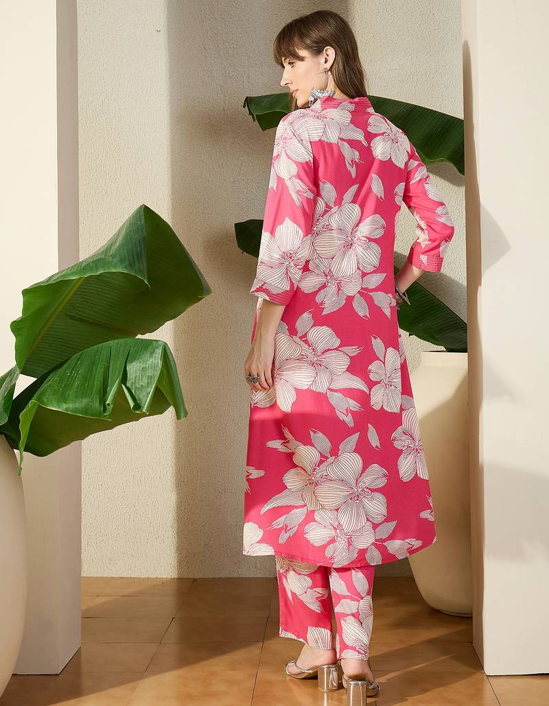 Pink printed viscose rayon kurta trouser set
