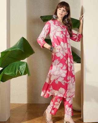 Pink printed viscose rayon kurta trouser set 1