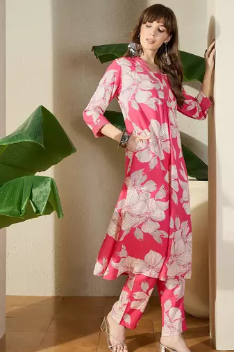 Pink printed viscose rayon kurta trouser set