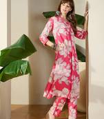 Pink printed viscose rayon kurta trouser set