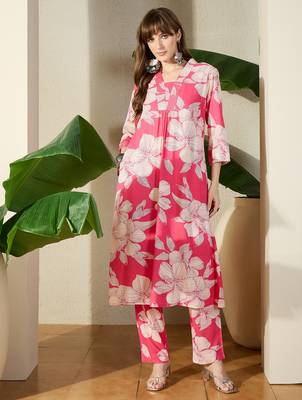Pink printed viscose rayon kurta trouser set 4