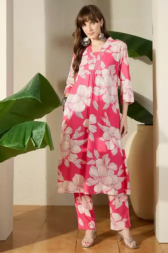 Pink printed viscose rayon kurta trouser set