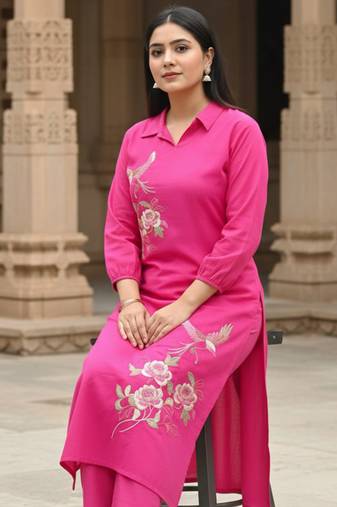 Pink printed cotton kurta trouser set