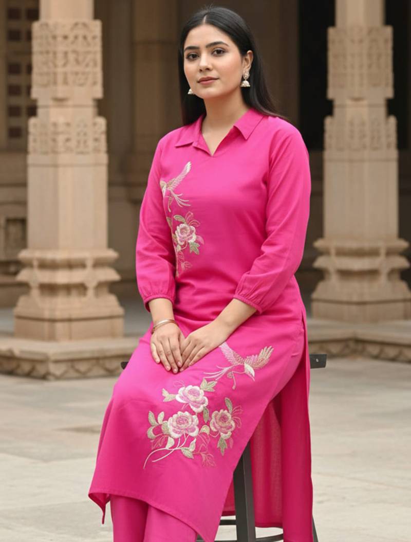 Pink printed cotton kurta trouser set