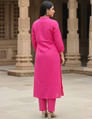 Pink printed cotton kurta trouser set 2