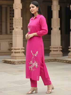 Pink printed cotton kurta trouser set 3