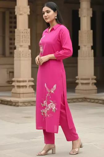 Pink printed cotton kurta trouser set