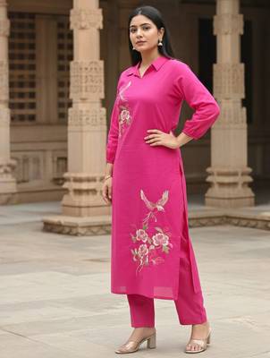 Pink printed cotton kurta trouser set 4