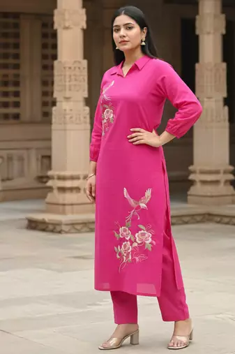 Pink printed cotton kurta trouser set