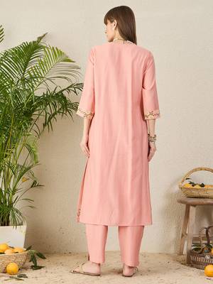 Peach embroidered cotton kurta trouser set 2