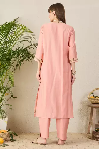 Peach embroidered cotton kurta trouser set