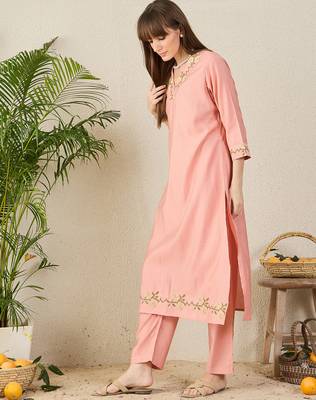 Peach embroidered cotton kurta trouser set 3