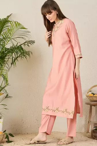Peach embroidered cotton kurta trouser set