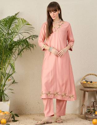 Peach embroidered cotton kurta trouser set 4