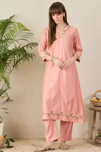 Peach embroidered cotton kurta trouser set