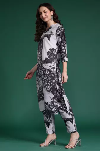Black printed cotton kurta trouser set