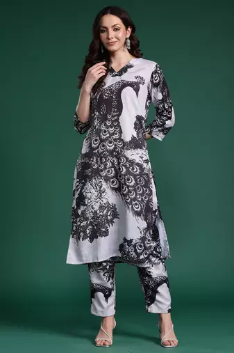 Black printed cotton kurta trouser set