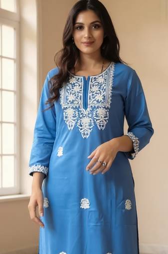 Blue embroidered viscose rayon kurta trouser set