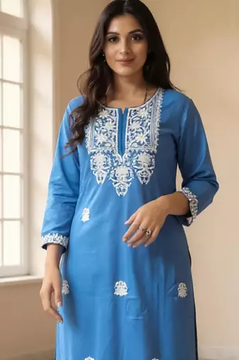 Blue embroidered viscose rayon kurta trouser set