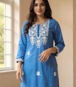 Blue embroidered viscose rayon kurta trouser set