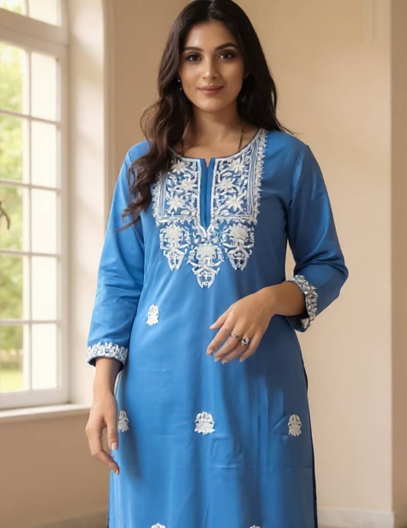 Blue embroidered viscose rayon kurta trouser set
