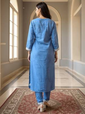 Blue embroidered viscose rayon kurta trouser set 2