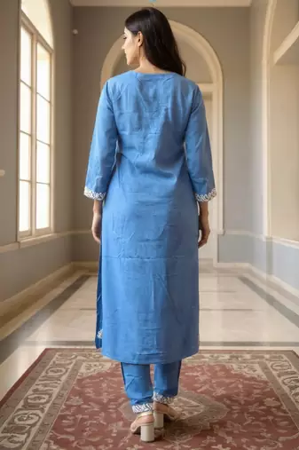 Blue embroidered viscose rayon kurta trouser set