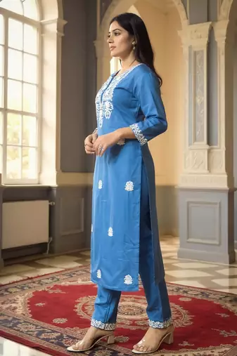 Blue embroidered viscose rayon kurta trouser set