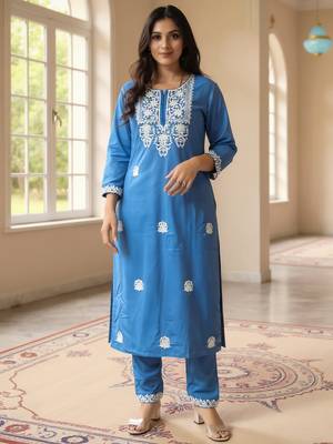 Blue embroidered viscose rayon kurta trouser set 4