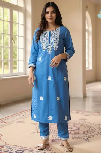 Blue embroidered viscose rayon kurta trouser set