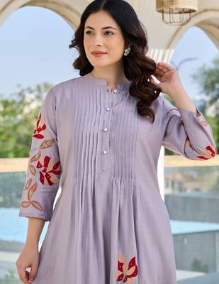 Lavender embroidered cotton kurta trouser set 1