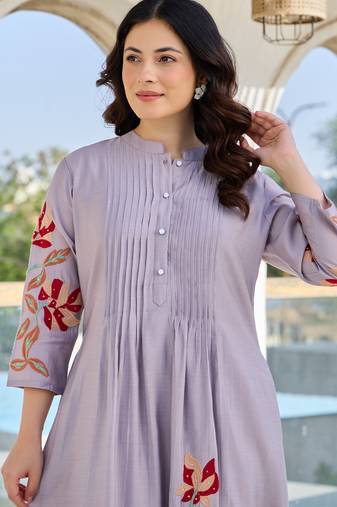 Lavender embroidered cotton kurta trouser set