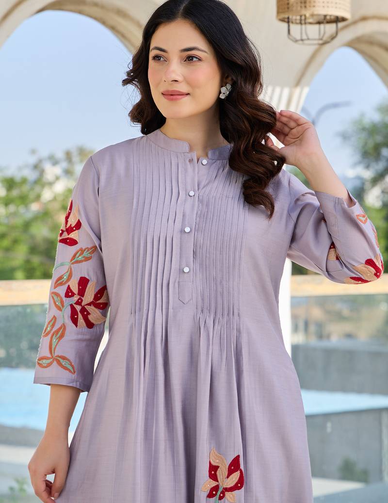 Lavender embroidered cotton kurta trouser set