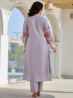 Lavender embroidered cotton kurta trouser set 2