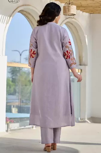 Lavender embroidered cotton kurta trouser set