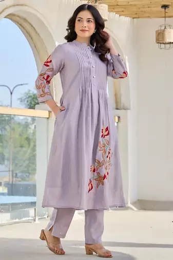 Lavender embroidered cotton kurta trouser set