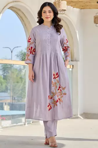 Lavender embroidered cotton kurta trouser set