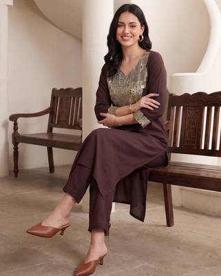 Brown embroidered silk kurta trouser set 1
