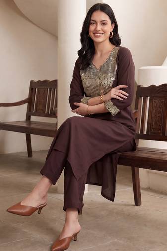 Brown embroidered silk kurta trouser set