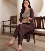 Brown embroidered silk kurta trouser set