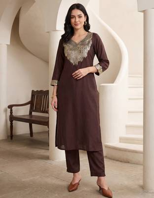 Brown embroidered silk kurta trouser set 2