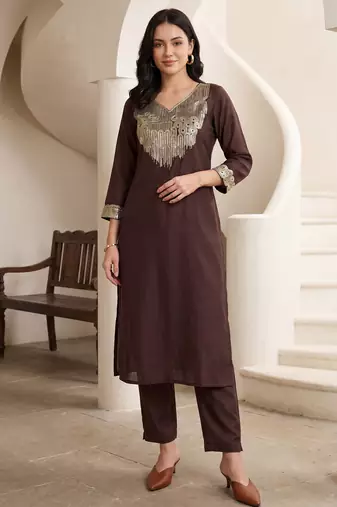 Brown embroidered silk kurta trouser set
