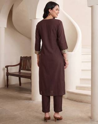 Brown embroidered silk kurta trouser set 3