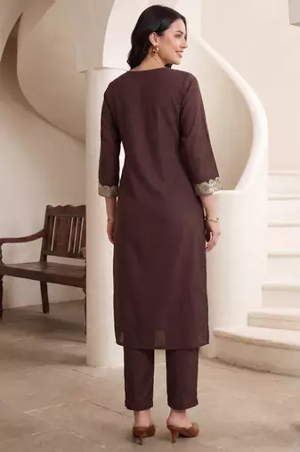 Brown embroidered silk kurta trouser set