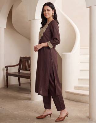 Brown embroidered silk kurta trouser set 4