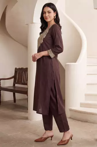 Brown embroidered silk kurta trouser set
